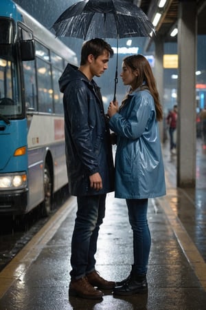 European, two young people, masterpiece, top quality, young man and girl are very in love with each other, both 28 years old. Under the rain, the girl is wearing a raincoat and jeans underneath, the man is wearing a blue jacket and jeans, an extremely sad and emotional scene in the night intercity ((at the bus terminal)). girl is about to break up with her boyfriend, their hands are about to be separated from each other, shot from outside, woman about to be left alone, rain, ((terminal)) man waves to the girl from inside the bus and the girl cries very emotionally, drenched, professional professionalism, crooked, both, facing viewer, seen to viewer, live 8k, ultra realistic, night, upper body, photo r3al, shooting star, photo r3al,photorealistic:1.3, best quality, masterpiece,MikieHara,