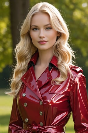 a fully visible beautiful scandinavian model, she is wearing a short glossy metallic red pvc trench coat, very long straight blonde hair, with luscious curly blonde hair stands in a sun-dappled clearing. With an inviting smile, she gazes directly at you, her lips slightly parted in anticipation. As a gentle breeze tousles her ponytail, she exudes an effortless allure, the vibrant colors of nature serving as the perfect backdrop to her radiance.ty. 
,photorealistic:1.3, best quality, masterpiece,MikieHara,