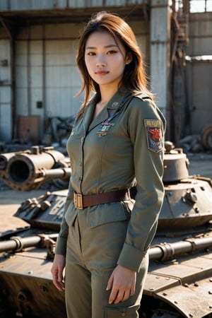 A stunning young woman, dressed in a striking military uniform, stands confidently at attention atop a rugged and battle-worn tank. Her bright smile and sparkling eyes shine like beacons against the gritty industrial backdrop, as she surveys the war-torn landscape with a sense of quiet strength and determination. The tank's imposing silhouette stretches out behind her, its steel armor weathered to a warm earthy tone, while the girl's slender figure is illuminated by a warm golden light that casts a heroic glow.
,photorealistic:1.3, best quality, masterpiece,MikieHara,