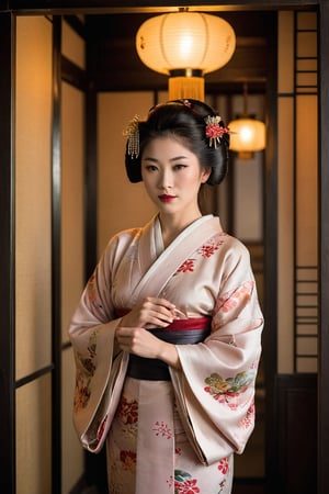 A stunning Japanese geisha posing elegantly in a traditional setting. Framed by ornate screens and subtle lantern light, her kimono's vibrant hues shine against the subdued backdrop. Her serene expression and gentle hand gesture exude an air of refinement and poise, as if frozen in time amidst the soft glow of incense smoke.