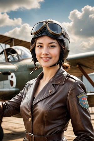 A vintage aviatrix from the early 20th century, radiant with charm and beauty, dons a leather flying helmet as she gives a ((thumbs-up)) to the camera lens, her expression confident and daring, against a backdrop of clouds or a hangar's wooden beams, sunlight casting warm highlights on her face and shoulders.
,photorealistic:1.3, best quality, masterpiece,MikieHara,