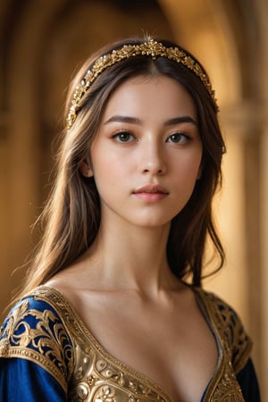 A portrait of a Byzantine style girl with golden background,front view,(masterpiece, top quality, best quality, official art, beautiful and aesthetic:1.2), (1girl:1.4), portrait, extreme detailed, highest detailed, simple background, 16k, high resolution, perfect dynamic composition, bokeh, (sharp focus:1.2), super wide angle, high angle, high color contrast, medium shot, depth of field, blurry background,,itacstl,photorealistic:1.3, best quality, masterpiece,MikieHara,