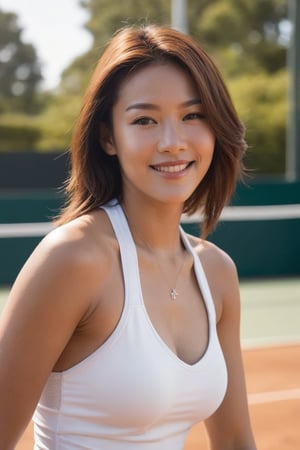 A close-up shot of a stunning pop star-inspired beauty, with a radiant smile and piercing gaze, as she serves up a ace on the tennis court. Her athletic physique is showcased through her fitted tennis attire. The bright sunlight casts a warm glow on her flawless skin, highlighting her sexy body shape.
,photorealistic:1.3, best quality, masterpiece,MikieHara,MagMix Girl