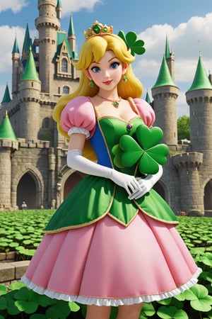 A beautiful Princess peach holds (a big shamrock), happy, super mario theme, background in castle 
photorealistic:1.3, best quality, masterpiece,MikieHara