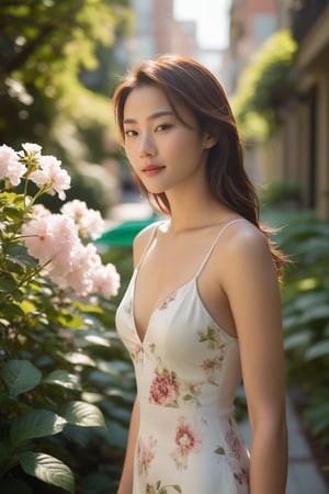 A serene afternoon scene unfolds: a lovely young woman, radiant with a gentle smile, strolls leisurely through a lush and vibrant garden city. Sunlight filters through the verdant foliage, casting dappled shadows on her porcelain skin. The soft focus highlights the delicate petals of nearby flowers, while the cityscape's modern architecture provides a picturesque backdrop to her stroll.,photorealistic:1.3, best quality, masterpiece,MikieHara,