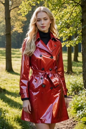 a fully visible beautiful scandinavian model, she is wearing a short glossy metallic red pvc trench coat, very long straight blonde hair, with luscious curly blonde hair stands in a sun-dappled clearing. With an inviting smile, she gazes directly at you, her lips slightly parted in anticipation. As a gentle breeze tousles her ponytail, she exudes an effortless allure, the vibrant colors of nature serving as the perfect backdrop to her radiance.ty. 
,photorealistic:1.3, best quality, masterpiece,MikieHara,