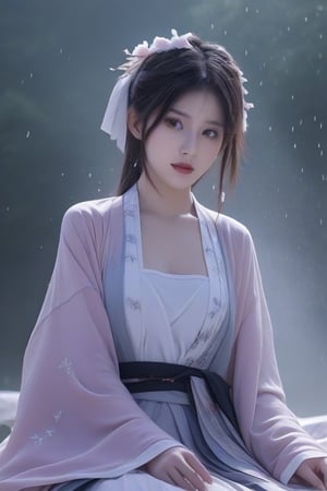 muelsyse (arknights),1girl, solo,hanfu,chinese clothes,splatter background, holding fan, best quality, amazing quality, very aesthetic, absurdres,chinese girls,MikieHara,<lora:659095807385103906:1.0>