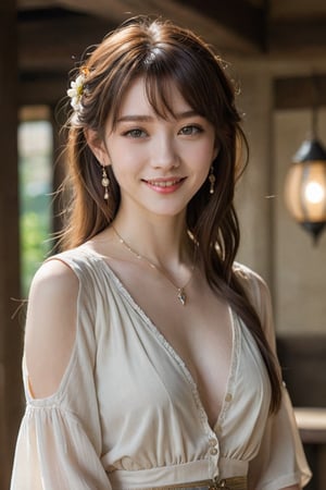 Beautiful, soft light, (beautiful and delicate eyes), very detailed, pale skin, big smile, (long hair), dreamy, medium chest, female 1, ((front shot)), bangs, soft expression, height 170, elegant , Bright smile, person, small necklace, small earrings, fantasy, jewelry, shyness, dreamy soft image, masterpiece, ultra high resolution, skirt, shirt, jacket, color , (both eyes (He gently closes his eyes, raises his head slightly, and appears absorbed in pleasant thoughts),dragon,photorealistic:1.3, best quality, masterpiece,MikieHara,