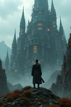 A futuristic castle rises from the ruins of a long-forgotten metropolis, its metallic spires piercing the darkened sky. The once-majestic walls now crumble amidst a tapestry of vines and debris. Neon-lit windows glimmer like scattered gemstones within the structure's rusted framework. In the foreground, a lone figure in a leather trench coat stands atop a pile of rubble, gazing out upon the desolate landscape with a mixture of longing and defiance,photorealistic:1.3, best quality, masterpiece