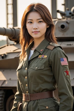 A stunning young woman, dressed in a striking military uniform, stands confidently at attention atop a rugged and battle-worn tank. Her bright smile and sparkling eyes shine like beacons against the gritty industrial backdrop, as she surveys the war-torn landscape with a sense of quiet strength and determination. The tank's imposing silhouette stretches out behind her, its steel armor weathered to a warm earthy tone, while the girl's slender figure is illuminated by a warm golden light that casts a heroic glow.
,photorealistic:1.3, best quality, masterpiece,MikieHara,MagMix Girl