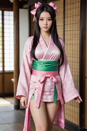 1girl, solo, long hair, looking at viewer, black hair, long sleeves, ribbon, very long hair, standing, full body, hair ribbon, multicolored hair, japanese clothes, pink eyes, kimono, two-tone hair, sash, mouth hold, obi, pink ribbon, sharp fingernails, gag, gagged, haori, pink kimono, bamboo, bit gag, checkered sash, kamado nezuko, beautiful face and sexy, ,photorealistic:1.3, best quality, masterpiece,MikieHara,