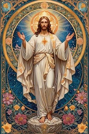 Glorious resurrection of the Savior, (stylized_artnouveau_illustration:1.2), dignified and serene Jesus rising in divine majesty, face peaceful and benevolent, ornate halo of light behind him, intricate celestial mandala patterning his flowing robes, sacred stigmata on hands and feet, the tomb opened with light pouring forth, cherubic figures observing in awe, vibrant easter colors, swirling organic compositions, delicate linework,itacstl