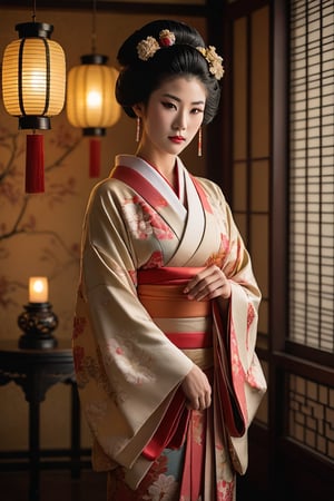 A stunning Japanese geisha posing elegantly in a traditional setting. Framed by ornate screens and subtle lantern light, her kimono's vibrant hues shine against the subdued backdrop. Her serene expression and gentle hand gesture exude an air of refinement and poise, as if frozen in time amidst the soft glow of incense smoke.