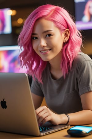 A close-up shot of a young woman with bright pink hair and a warm smile sits in front of a sleek laptop, her fingers deftly navigating the mousepad as she crafts AI-generated graphics on a vibrant digital canvas. Soft, golden light illuminates her features, highlighting the excitement in her eyes as she brings her creative vision to life.
,photorealistic:1.3, best quality, masterpiece,MikieHara,