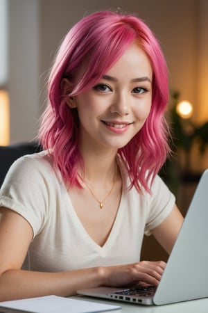 A close-up shot of a pretty girl with bright pink hair and a warm smile sits in front of a sleek laptop, her fingers deftly navigating the mousepad as she crafts AI-generated graphics on a vibrant digital canvas. Soft, golden light illuminates her features, highlighting the excitement in her eyes as she brings her creative vision to life.
,photorealistic:1.3, best quality, masterpiece,MikieHara,