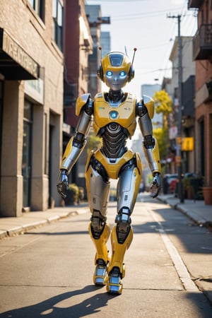 A Robocon walks down a bright and sunny street, beaming with joy and innocence. The warm yellow sunlight casts long shadows behind her, highlighting the vibrant colors of her cheerful outfit as she skips along with carefree abandon. The urban backdrop provides a striking contrast to her playful demeanor.