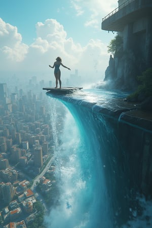 Ultra realistic illustration.a beautiful metropolitan City with water instead of roads and aqua life a beautiful sexy girl surfing from a [tall building:a water wave from high altitude:0.5].amazing details, perfect lighting and  reflections,unreal engine 5, RTX on,ultra HD, 8k, intricate, masterpiece, awards winning,photorealistic:1.3, best quality, masterpiece,