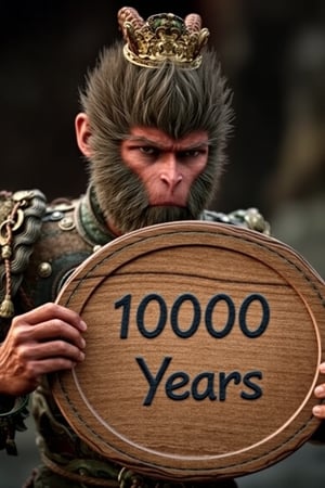 The image is a high-resolution photograph of a wukong holds a wood plate written with "10000 Years".