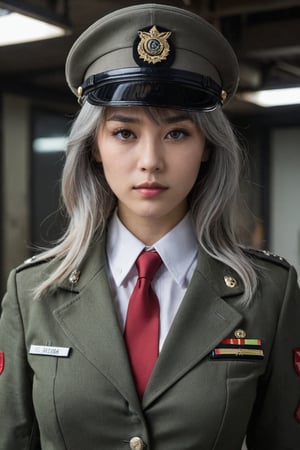 A young woman in a military uniform stands solo, looking directly at the viewer with an intense gaze. Her bangs frame her face, and her shirt is covered by a jacket with long sleeves. Her eyes glow red as she wears black gloves and a necktie, adding to the mysterious atmosphere. White and grey hair peeks out from under her hat, which matches the color of her military uniform. The framing of the shot focuses on her upper body, drawing attention to her closed mouth and piercing gaze, photorealistic:1.3, best quality, masterpiece,MikieHara,