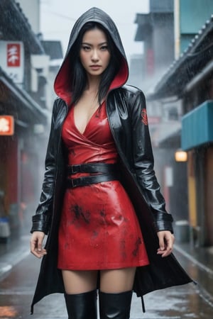A captivating, fantasy portrait of a confident woman standing tall in the rain, exuding an enigmatic aura. She dons a black leather jacket, a red dress, and high black boots, with dark eyes and flowing loose black hair cascading down the left side of the canvas ink splash art piece featuring a strong female figure clad in a fiery red dress and a black hooded leather jacket. The contours of her face and body are boldly defined by expressive, sharply etched strokes, creating a striking contrast to her vibrant attire. The background is a whirlwind of turbulent energy, with a stormy sky and sea displaying stark lines and vivid hues. Waves crash dramatically against the shore, and the woman stands unwavering, embodying resilience, determination, and inner strength amidst the chaotic environment, ukiyo-e, dark fantasy, cinematic, poster, painting, photo, architecture, product, wildlife photography, graffiti, fashion, portrait photography,photorealistic:1.3, best quality, masterpiece,MikieHara,