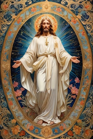 Glorious resurrection of the Savior, (stylized_artnouveau_illustration:1.2), dignified and serene Jesus rising in divine majesty, face peaceful and benevolent, ornate halo of light behind him, intricate celestial mandala patterning his flowing robes, sacred stigmata on hands and feet, the tomb opened with light pouring forth, cherubic figures observing in awe, vibrant easter colors, swirling organic compositions, delicate linework,itacstl