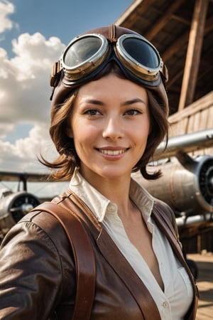 A vintage aviatrix from the early 20th century, radiant with charm and beauty, dons a leather flying helmet as she gives a thumbs-up to the camera lens, her expression confident and daring, against a backdrop of clouds or a hangar's wooden beams, sunlight casting warm highlights on her face and shoulders.
,photorealistic:1.3, best quality, masterpiece,MikieHara,