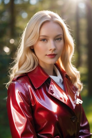 a fully visible beautiful scandinavian model, she is wearing a short glossy metallic red pvc trench coat, very long straight blonde hair, with luscious curly blonde hair stands in a sun-dappled clearing. With an inviting smile, she gazes directly at you, her lips slightly parted in anticipation. As a gentle breeze tousles her ponytail, she exudes an effortless allure, the vibrant colors of nature serving as the perfect backdrop to her radiance.ty. 
,photorealistic:1.3, best quality, masterpiece,MikieHara,MagMix Girl