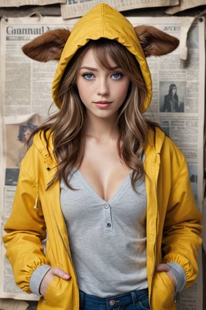  big hair, hair flowing over, messy hair, blue eyes, choker, closed mouth, collar, dog tail, hand in pocket, hat, hat with ears, hood, hoodie, jacket, yellow jacket, long hair, long sleeves, looking at viewer, nail polish, open clothes, open jacket, newspaper wall background,,photorealistic:1.3, best quality, masterpiece,MikieHara,