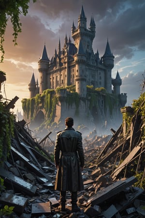 A futuristic castle rises from the ruins of a long-forgotten metropolis, its metallic spires piercing the darkened sky. The once-majestic walls now crumble amidst a tapestry of vines and debris. Neon-lit windows glimmer like scattered gemstones within the structure's rusted framework. In the foreground, a lone figure in a leather trench coat stands atop a pile of rubble, gazing out upon the desolate landscape with a mixture of longing and defiance,photorealistic:1.3, best quality, masterpiece