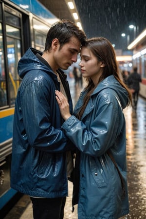 European, two young people, masterpiece, top quality, young man and girl are very in love with each other, both 28 years old. Under the rain, the girl is wearing a raincoat and jeans underneath, the man is wearing a blue jacket and jeans, an extremely sad and emotional scene in the night intercity ((at the bus terminal)). girl is about to break up with her boyfriend, their hands are about to be separated from each other, shot from outside, woman about to be left alone, rain, ((terminal)) man waves to the girl from inside the bus and the girl cries very emotionally, drenched, professional professionalism, crooked, both, facing viewer, seen to viewer, live 8k, ultra realistic, night, upper body, photo r3al, shooting star, photo r3al,photorealistic:1.3, best quality, masterpiece,MikieHara,