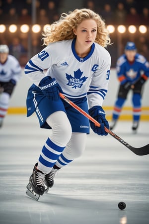 A young woman with bright blue eyes and curly blonde hair, wearing a crisp white jersey and matching hockey pants, skates across the rink's icy surface. She effortlessly glides past opponents, stickhandling with ease as the puck flies towards her waiting stick. The arena's lights cast a warm glow on her determined face, highlighting the competitive fire burning within.
,photorealistic:1.3, best quality, masterpiece,MikieHara,