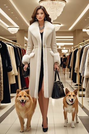 A pretty woman with a regal aura, dressed in a stunning sexy and carrying a chic purse, walks confidently through the upscale department store, her elegant presence commanding attention. She is flanked by a sleek dog, its fur matching her luxurious coat, as they stroll past racks of designer clothing and gleaming jewelry displays.
,photorealistic:1.3, best quality, masterpiece,MikieHara,