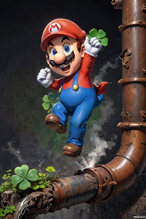 Super mario jumps up from a pipe and (holds a shamrock), super mario theme,
photorealistic:1.3, best quality, masterpiece,MikieHara