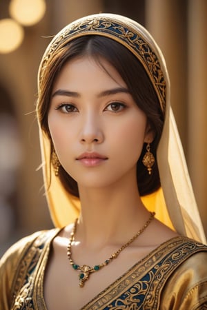 A portrait of a Byzantine style girl with golden background,front view,(masterpiece, top quality, best quality, official art, beautiful and aesthetic:1.2), (1girl:1.4), portrait, extreme detailed, highest detailed, simple background, 16k, high resolution, perfect dynamic composition, bokeh, (sharp focus:1.2), super wide angle, high angle, high color contrast, medium shot, depth of field, blurry background,,itacstl,photorealistic:1.3, best quality, masterpiece,MikieHara,