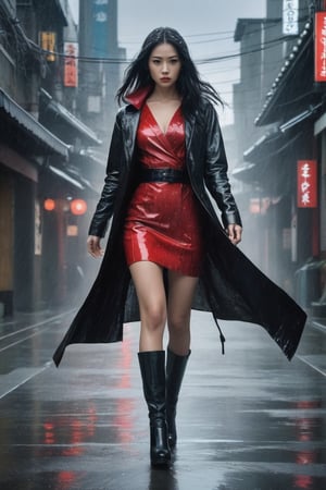 A captivating, fantasy portrait of a confident woman standing tall in the rain, exuding an enigmatic aura. She dons a black leather jacket, a red dress, and high black boots, with dark eyes and flowing loose black hair cascading down the left side of the canvas ink splash art piece featuring a strong female figure clad in a fiery red dress and a black hooded leather jacket. The contours of her face and body are boldly defined by expressive, sharply etched strokes, creating a striking contrast to her vibrant attire. The background is a whirlwind of turbulent energy, with a stormy sky and sea displaying stark lines and vivid hues. Waves crash dramatically against the shore, and the woman stands unwavering, embodying resilience, determination, and inner strength amidst the chaotic environment, ukiyo-e, dark fantasy, cinematic, poster, painting, photo, architecture, product, wildlife photography, graffiti, fashion, portrait photography,photorealistic:1.3, best quality, masterpiece,MikieHara,