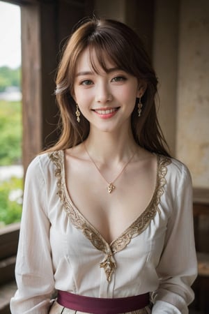 Beautiful, soft light, (beautiful and delicate eyes), very detailed, pale skin, big smile, (long hair), dreamy, medium chest, female 1, ((front shot)), bangs, soft expression, height 170, elegant , Bright smile, person, small necklace, small earrings, fantasy, jewelry, shyness, dreamy soft image, masterpiece, ultra high resolution, skirt, shirt, jacket, color , (both eyes (He gently closes his eyes, raises his head slightly, and appears absorbed in pleasant thoughts),dragon,photorealistic:1.3, best quality, masterpiece,MikieHara,