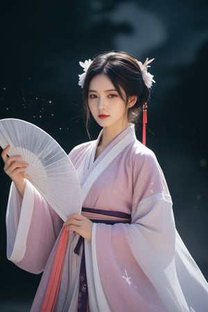 muelsyse (arknights),1girl, solo,hanfu,chinese clothes,splatter background, holding fan, best quality, amazing quality, very aesthetic, absurdres,chinese girls,<lora:659095807385103906:1.0>