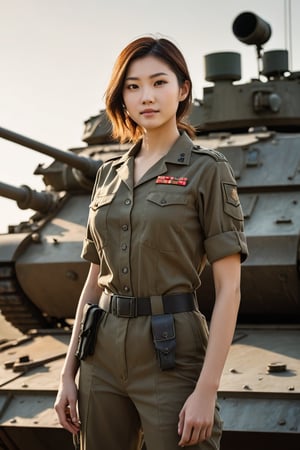 A stunning young woman, dressed in a striking military uniform, stands confidently at attention atop a rugged and battle-worn tank. Her bright smile and sparkling eyes shine like beacons against the gritty industrial backdrop, as she surveys the war-torn landscape with a sense of quiet strength and determination. The tank's imposing silhouette stretches out behind her, its steel armor weathered to a warm earthy tone, while the girl's slender figure is illuminated by a warm golden light that casts a heroic glow.
,photorealistic:1.3, best quality, masterpiece,MikieHara,