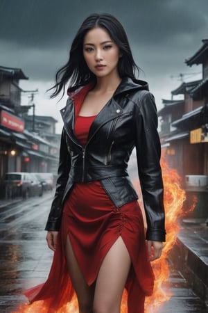 A captivating, fantasy portrait of a confident woman standing tall in the rain, exuding an enigmatic aura. She dons a black leather jacket, a red dress, and high black boots, with dark eyes and flowing loose black hair cascading down the left side of the canvas ink splash art piece featuring a strong female figure clad in a fiery red dress and a black hooded leather jacket. The contours of her face and body are boldly defined by expressive, sharply etched strokes, creating a striking contrast to her vibrant attire. The background is a whirlwind of turbulent energy, with a stormy sky and sea displaying stark lines and vivid hues. Waves crash dramatically against the shore, and the woman stands unwavering, embodying resilience, determination, and inner strength amidst the chaotic environment, ukiyo-e, dark fantasy, cinematic, poster, painting, photo, architecture, product, wildlife photography, graffiti, fashion, portrait photography,photorealistic:1.3, best quality, masterpiece,MikieHara,