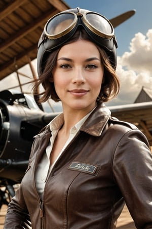 A vintage aviatrix from the early 20th century, radiant with charm and beauty, dons a leather flying helmet as she gives a thumbs-up to the camera lens, her expression confident and daring, against a backdrop of clouds or a hangar's wooden beams, sunlight casting warm highlights on her face and shoulders.
,photorealistic:1.3, best quality, masterpiece,MikieHara,