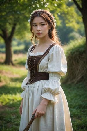 A shepherdess, in the style of the Renaissance, exuding elegance amidst pastoral beauty. (masterpiece, top quality, best quality, official art, beautiful and aesthetic:1.2), (1girl:1.4), portrait, extreme detailed, highest detailed, simple background, 16k, high resolution, perfect dynamic composition, bokeh, (sharp focus:1.2), super wide angle, high angle, high color contrast, medium shot, depth of field, blurry background,impressionist painting,photorealistic:1.3, best quality, masterpiece,MikieHara,