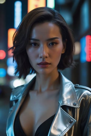 A close-up shot of a stunning femme fatale Terminator, her piercing gaze and full lips set in a determined expression as she scrutinizes her surroundings. The soft glow of neon lights casts an otherworldly ambiance on her porcelain doll-like complexion. Her slender fingers grip a sleek assault rifle, the metallic finish reflecting the dim light. In the background, a cityscape's towering skyscrapers loom, their windows like rows of cold, calculating eyes. The subject stands at the edge of a deserted alleyway, the darkness and shadows amplifying her deadly intentions.
,photorealistic:1.3, best quality, masterpiece,MikieHara,MagMix Girl