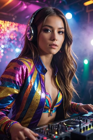 A close-up shot of a stunning young DJ girl, dressed in a bold, bright outfit with flashing lights and colorful patterns, her long hair bouncing to the beat as she spins tracks on her turntables. She's lost in the music, her eyes closed, lips pursed, and tongue tracing the edge of her cheek, surrounded by pulsating disco lights and fog machines creating a mesmerizing atmosphere.
,photorealistic:1.3, best quality, masterpiece,MikieHara,