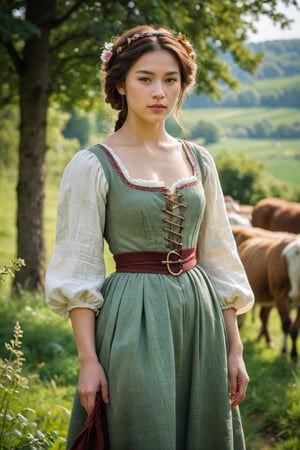 A shepherdess, in the style of the Renaissance, exuding elegance amidst pastoral beauty. (masterpiece, top quality, best quality, official art, beautiful and aesthetic:1.2), (1girl:1.4), portrait, extreme detailed, highest detailed, simple background, 16k, high resolution, perfect dynamic composition, bokeh, (sharp focus:1.2), super wide angle, high angle, high color contrast, medium shot, depth of field, blurry background,impressionist painting,photorealistic:1.3, best quality, masterpiece,MikieHara,