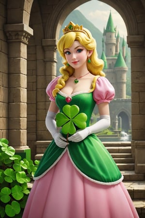A beautiful Princess peach holds (a big shamrock), happy, super mario theme, background in castle 
photorealistic:1.3, best quality, masterpiece,MikieHara