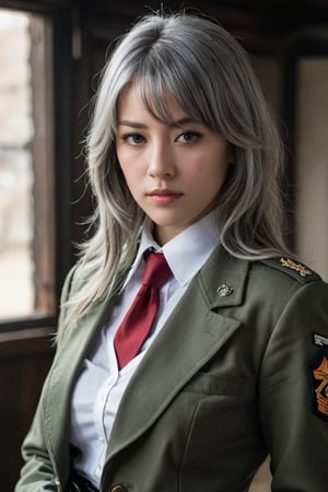A young woman in a military uniform stands solo, looking directly at the viewer with an intense gaze. Her bangs frame her face, and her shirt is covered by a jacket with long sleeves. Her eyes glow red as she wears black gloves and a necktie, adding to the mysterious atmosphere. White and grey hair peeks out from under her hat, which matches the color of her military uniform. The framing of the shot focuses on her upper body, drawing attention to her closed mouth and piercing gaze, photorealistic:1.3, best quality, masterpiece,MikieHara,