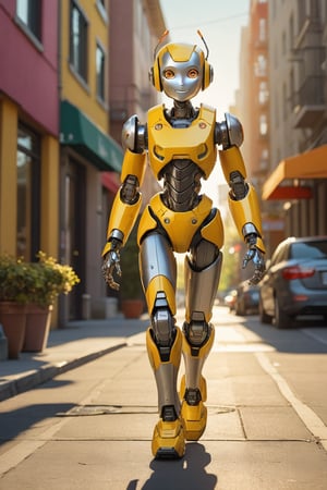 A Robocon walks down a bright and sunny street, beaming with joy and innocence. The warm yellow sunlight casts long shadows behind her, highlighting the vibrant colors of her cheerful outfit as she skips along with carefree abandon. The urban backdrop provides a striking contrast to her playful demeanor,photorealistic:1.3, best quality, masterpiece