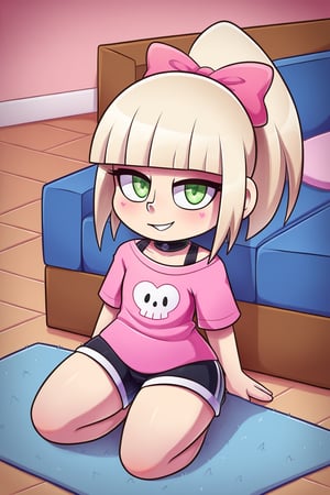 (masterpiece, best quality),rating_explicit,detailed body,perfect body,full body,living room,1girl,solo,pink shirt,shorts,platinum blonde hair, ponytail, pink bow, hair bow, blunt bangs, black choker, green eyes,small body, young face, chibi,sitting,on floor,looking_at_viewer,cum,smile