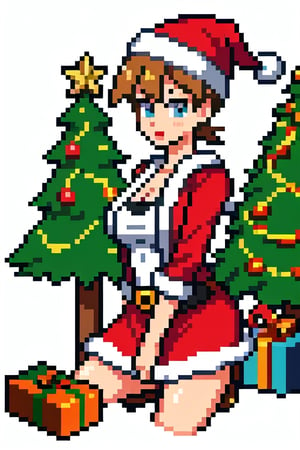 Misty from pokemon, santa claus outfit, sexy, front of christmas tree, pixel art