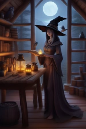 LegendDarkFantasy, slim tall witch, posing inside a log cabin, bookshlef with potions, owl, soft light, high detail, masterpiece